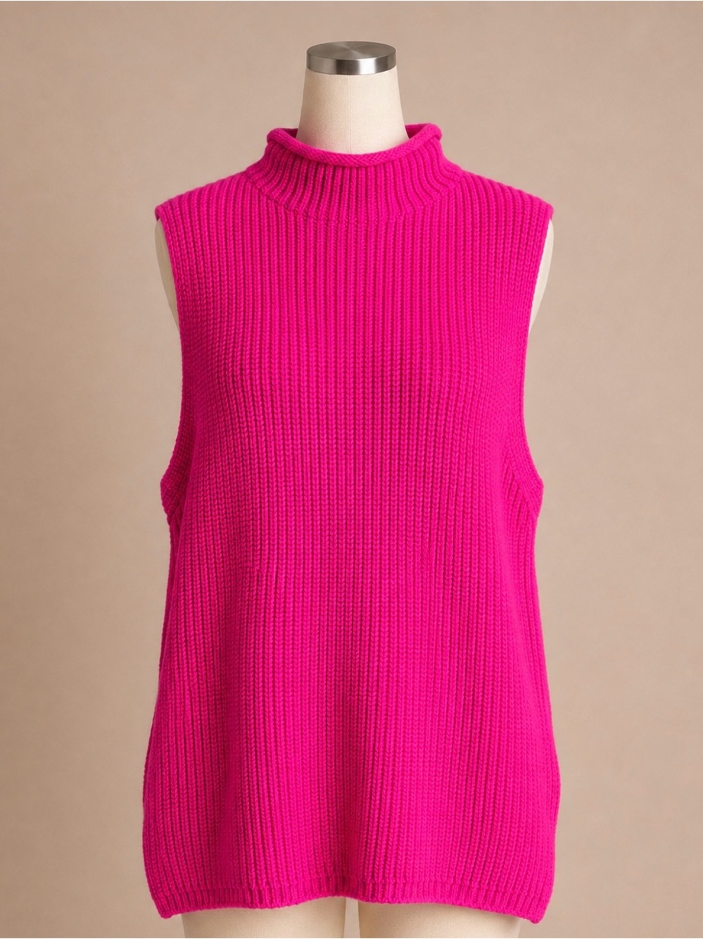 Zara Fuchsia Pink Chunky Ribbed High Neck Sleeveless Sweater Vest M